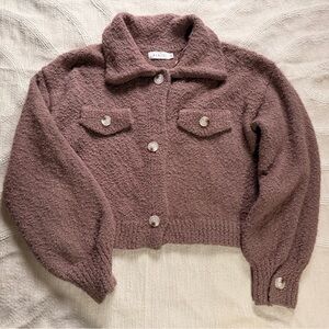 MARBLE Teddy Bear Cozy Puffy Sleeve Cardigan Cropped Coffee Brown